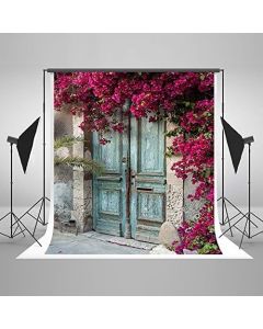 5x7ft Vintage House Blue Door Purple Flowers Party Decorations Cotton Polyester Photo Backdrop Seamless Folding and Washable No Creases Photography Studio Background